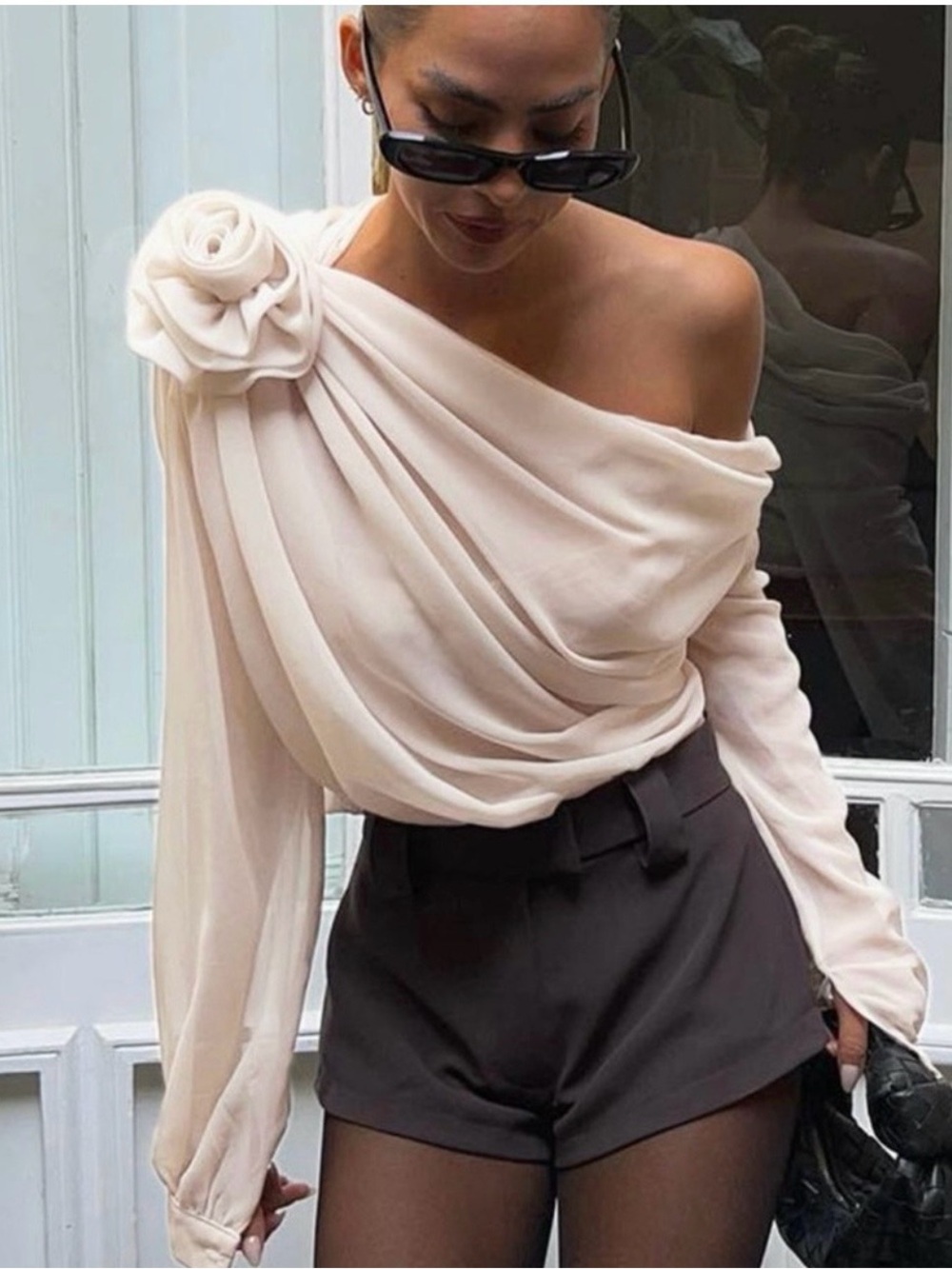 Commense Chiffon Semi Sheer Blouse Detachable Flower NWT